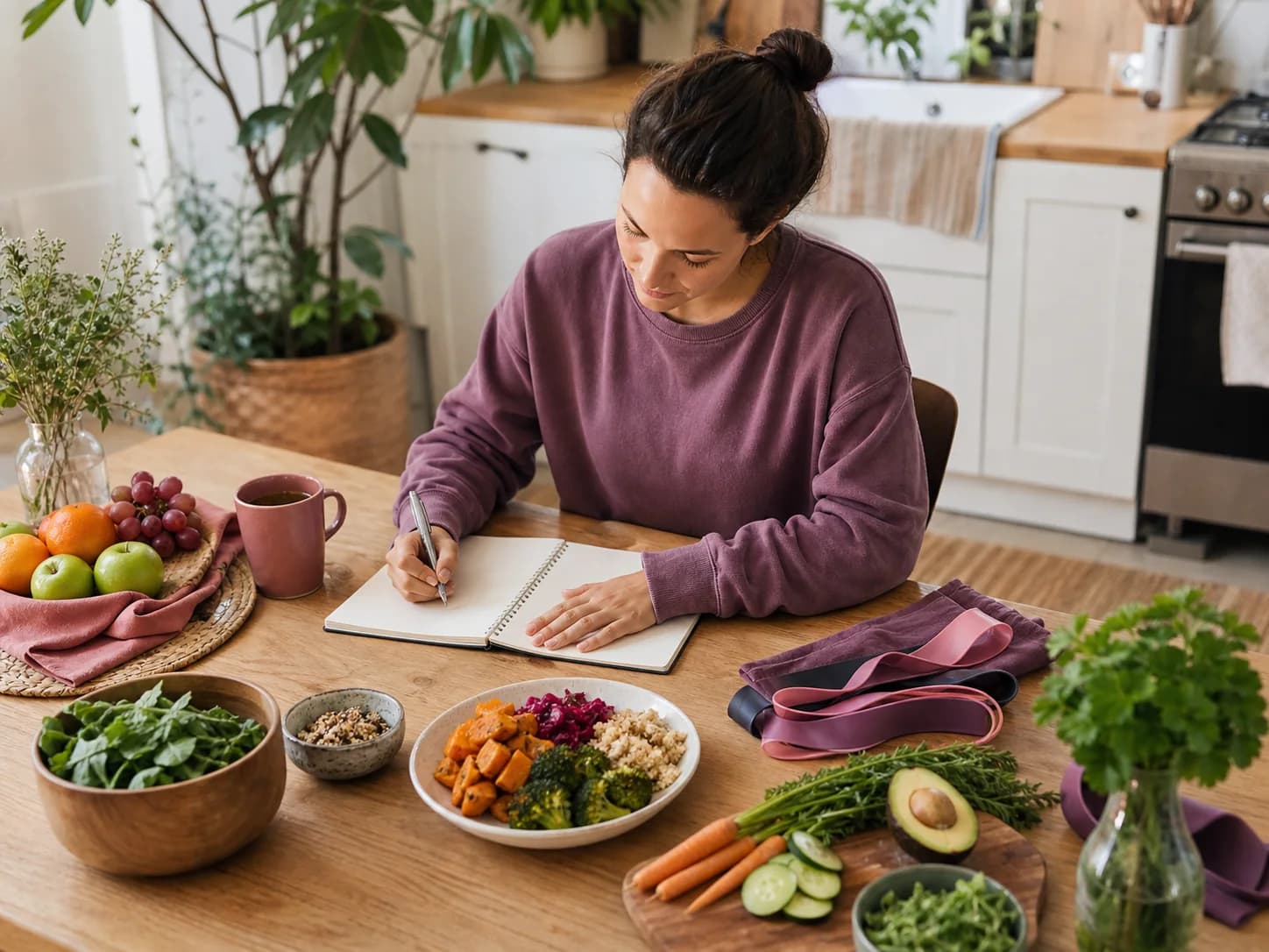 Fresh produce laid out on a kitchen table