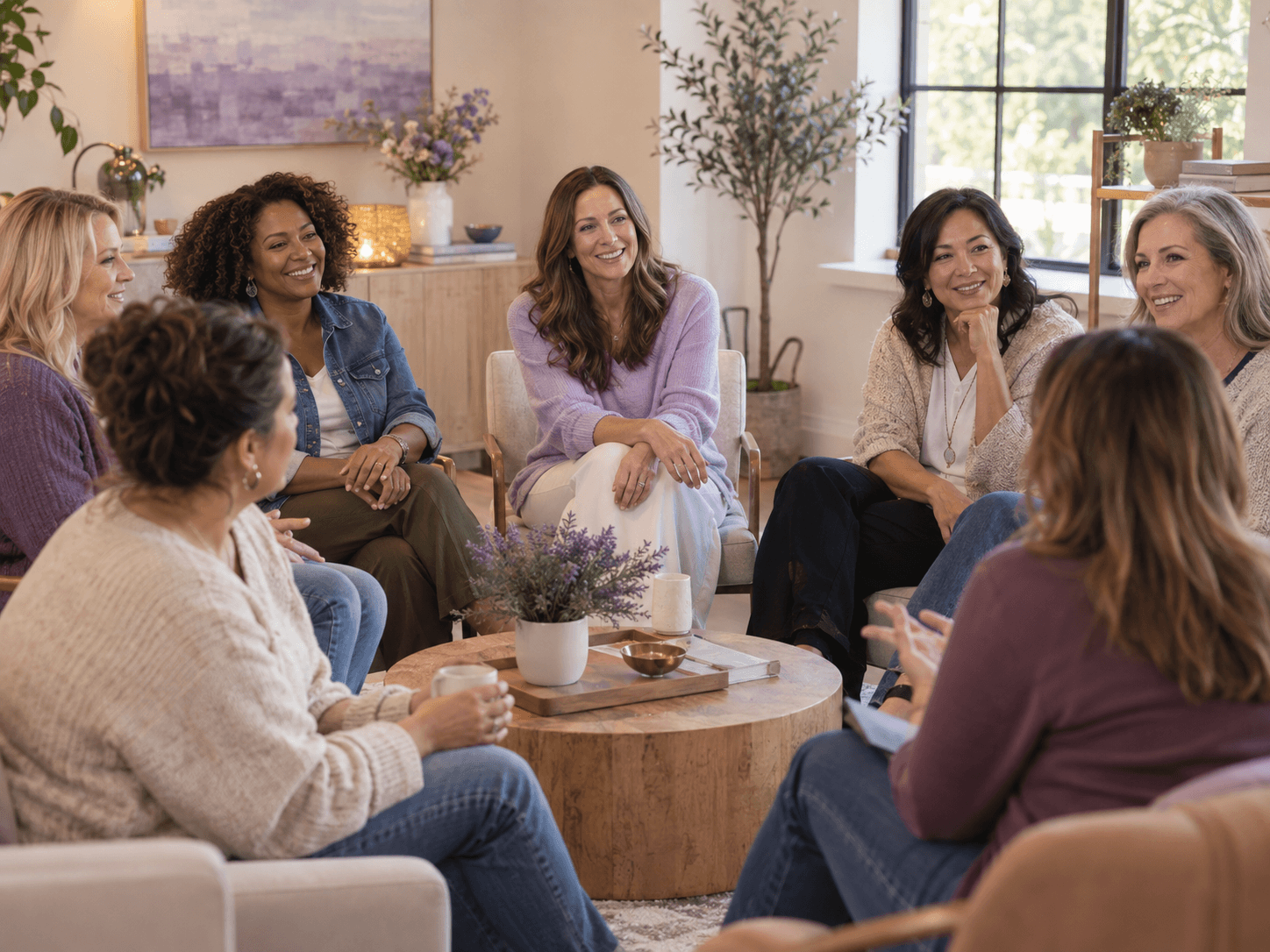 A welcoming group of women connecting at an in-person wellness community gathering