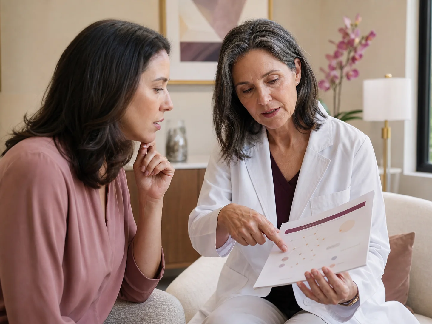 A patient and clinician carefully reviewing genetic test findings