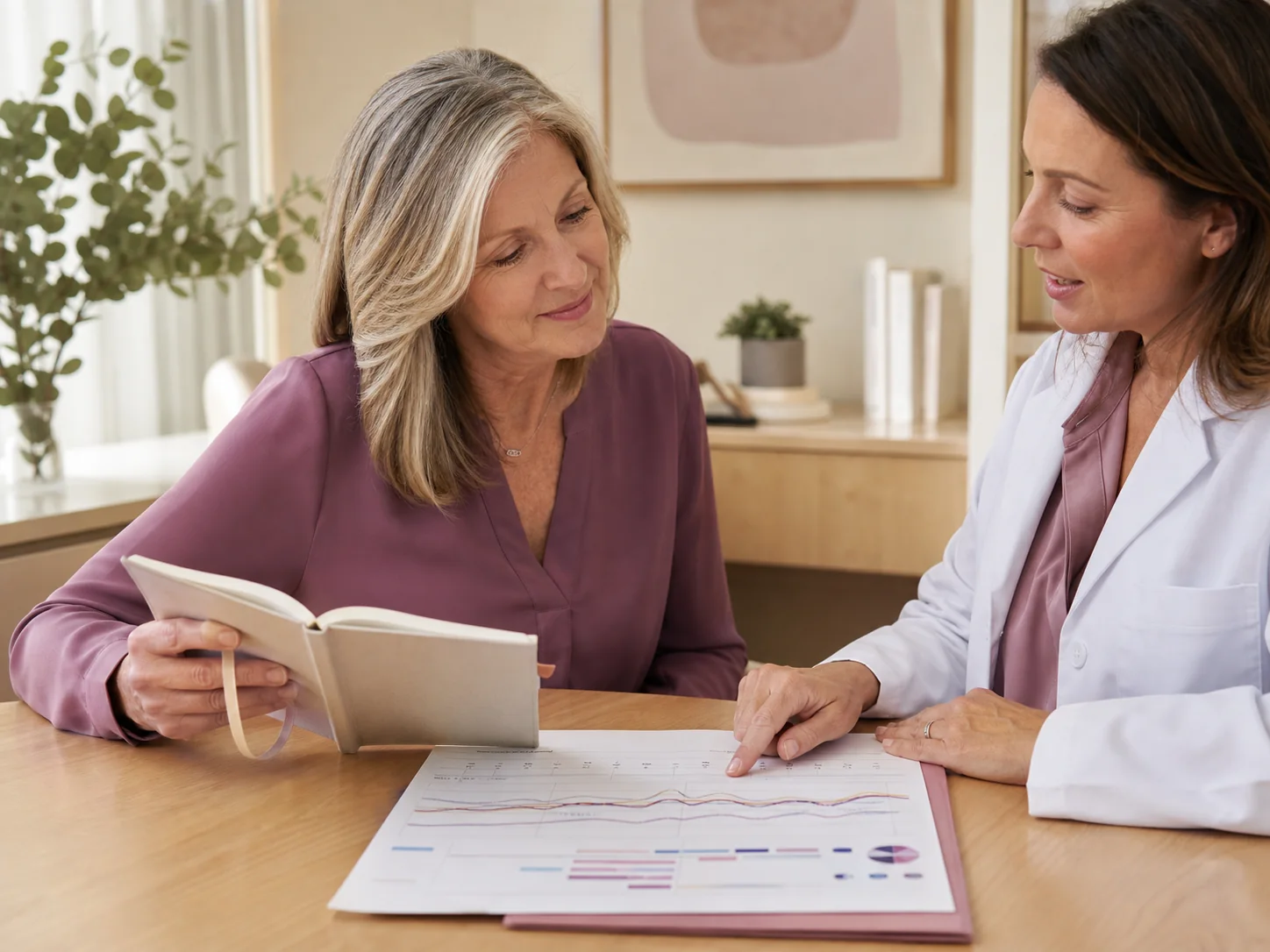 A mature patient and clinician reviewing a hormone profile and symptom history together