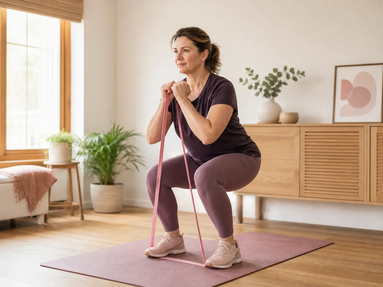 A woman performing a controlled resistance-band strength exercise