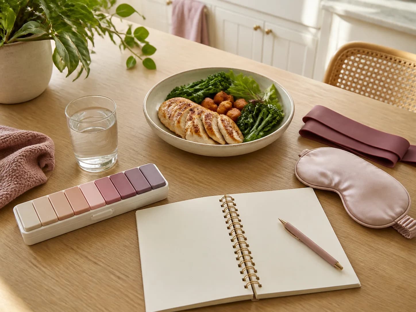 A coordinated health plan with medication support, nourishment, movement, hydration, and sleep