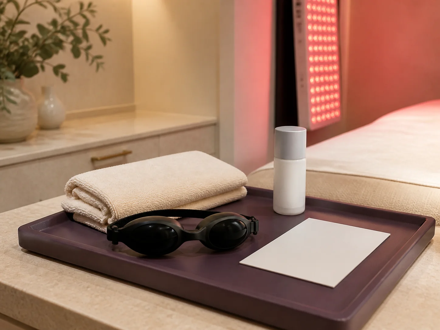 Protective eyewear and preparation items ready for a red light therapy session