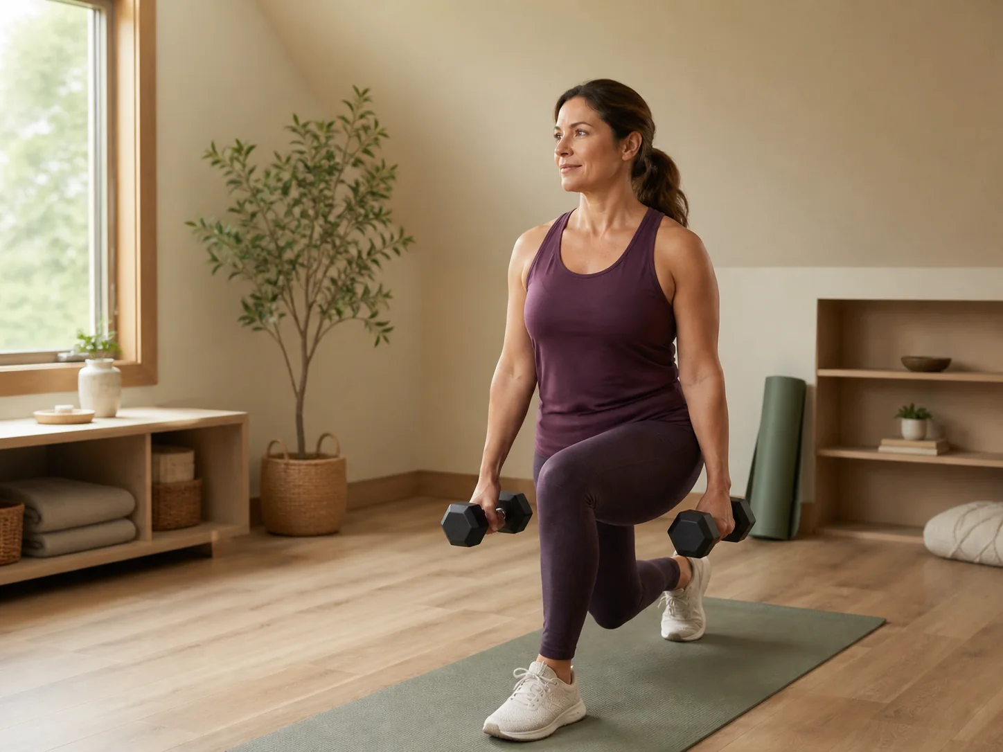A woman performing a controlled dumbbell strength exercise at home