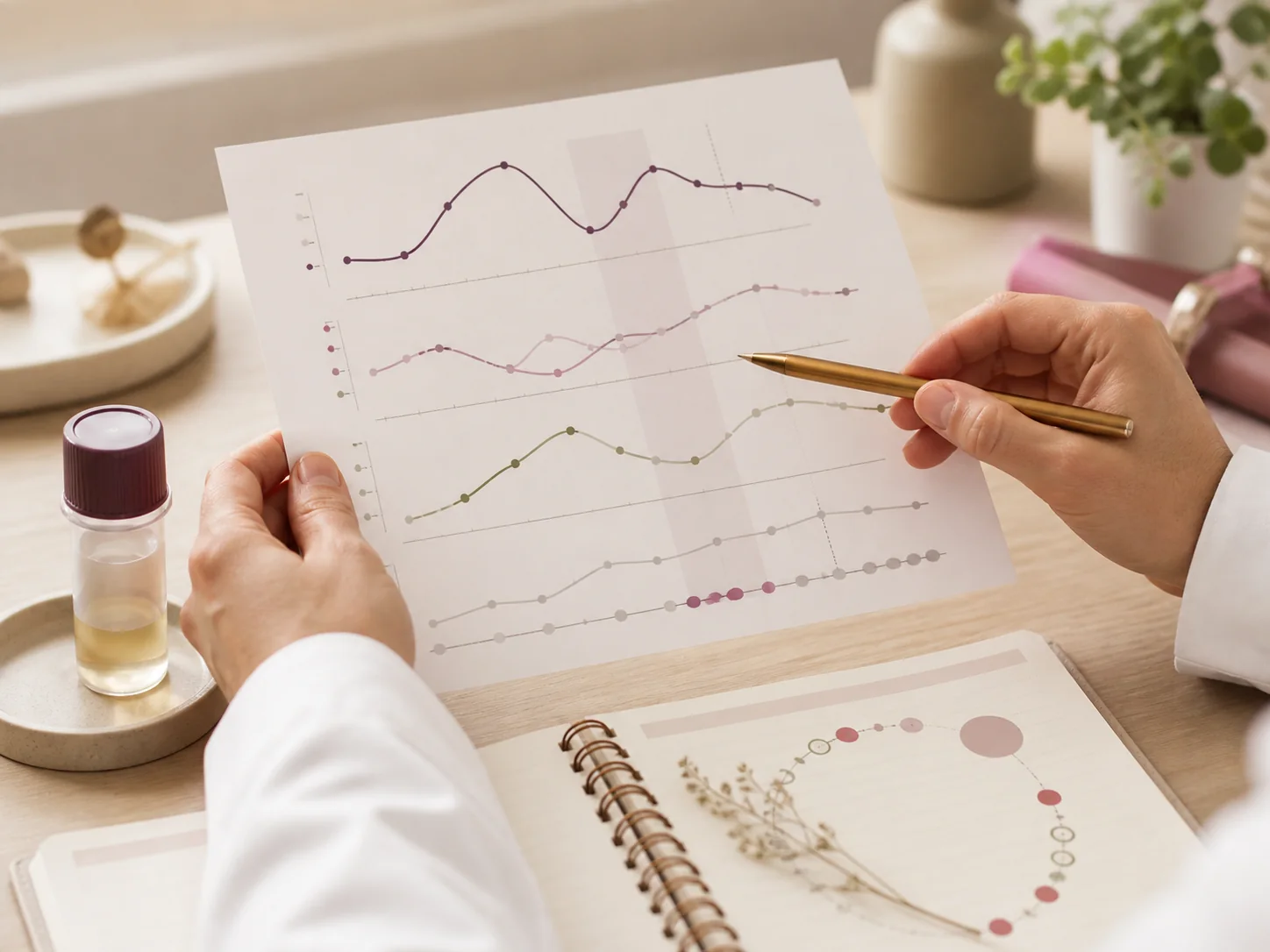 A clinician reviewing hormone patterns beside a symptom notebook