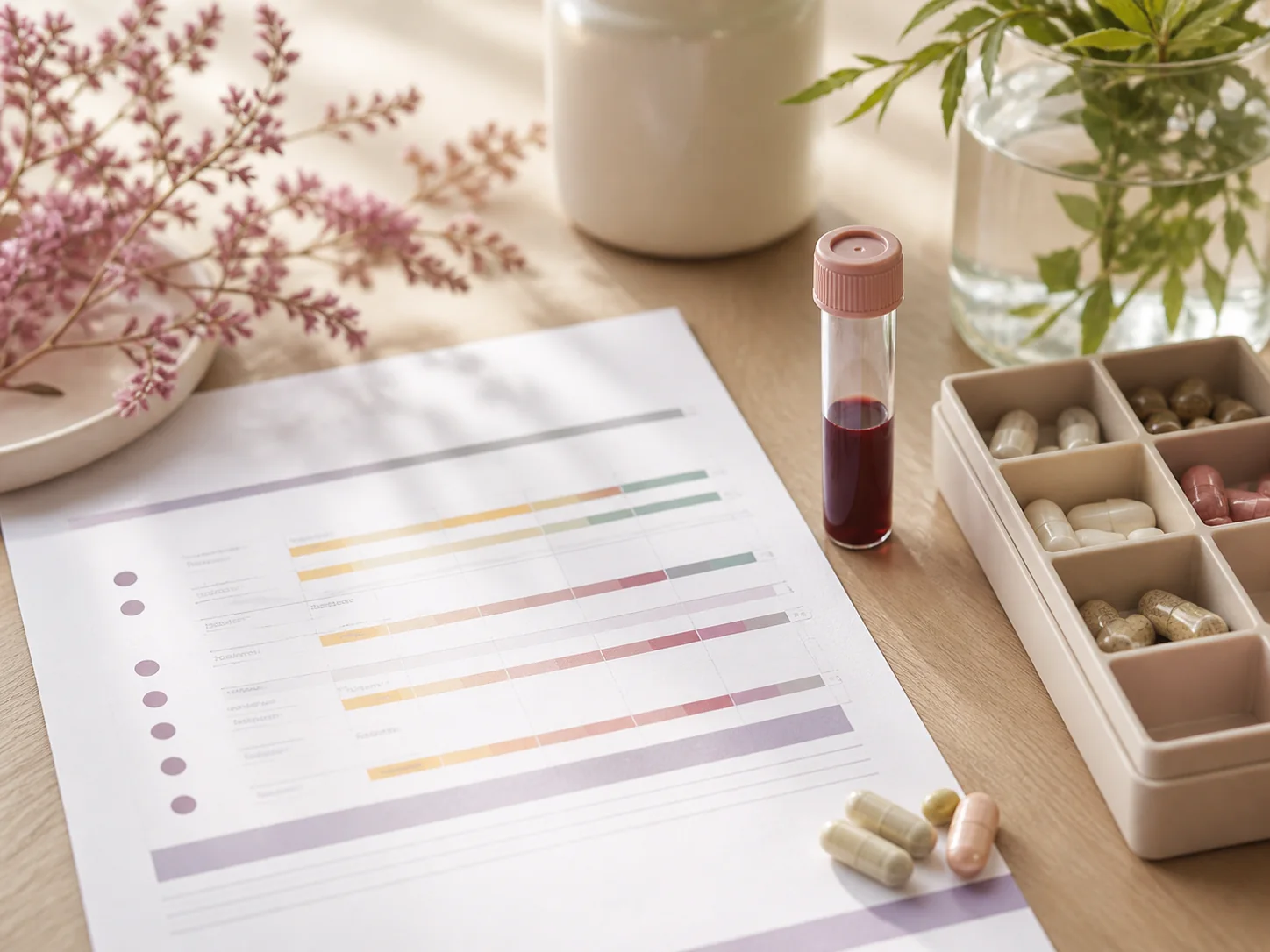 A nutrient laboratory report beside a sample and unbranded supplements