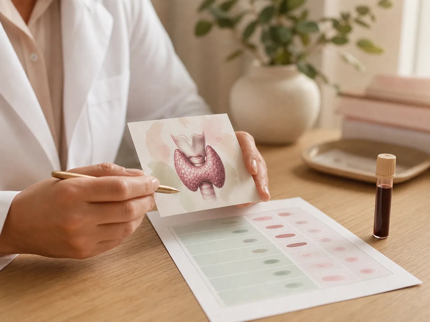 A clinician comparing a thyroid reference with broader laboratory results